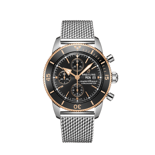 Breitling Superocean Heritage II Chronograph Steel & 18ct Rose Gold Black Dial 44mm - Front View
