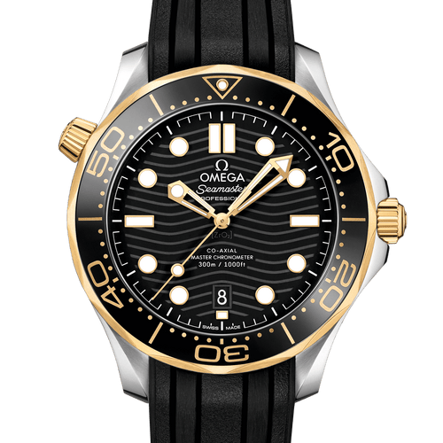 OMEGA Seamaster Diver 300M Co-Axial Master Chronometer Steel & 18ct Gold Black Dial & Rubber Strap 42mm - front view