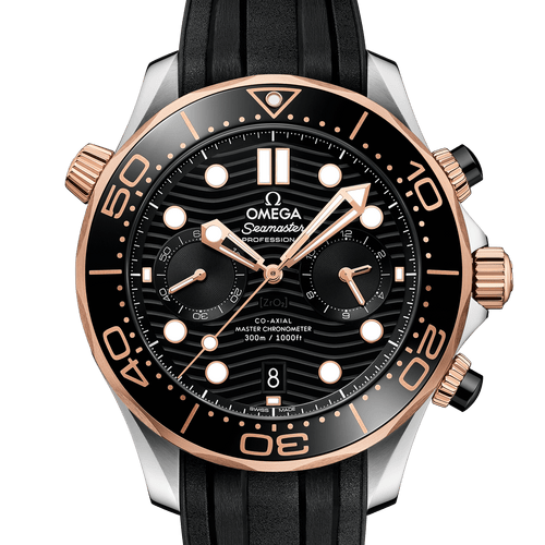 Omega Seamaster Diver 300M Co‑Axial Master Chronometer Chronograph Steel & 18ct Rose Gold Black Dial & Rubber Strap 44mm - front view