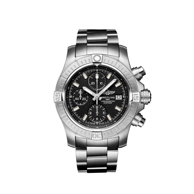 Breitling Avenger Chronograph Steel Black Dial 43mm - Front View
