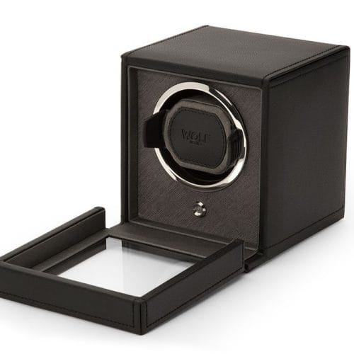 WOLF Black Cub Single Watch Winder Box with Cover 461103 front