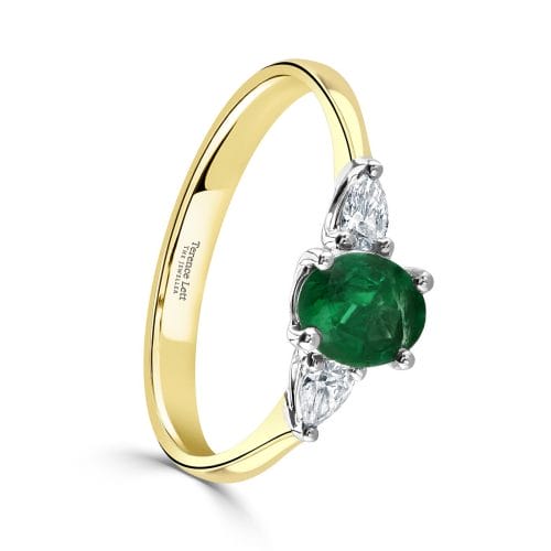 18ct Yellow Gold Oval Cut Emerald & Pear Cut Diamond Three Stone Ring DR2298