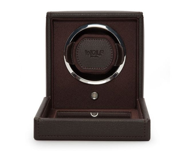 WOLF Brown Cub Single Watch Winder Box with Cover - Front View