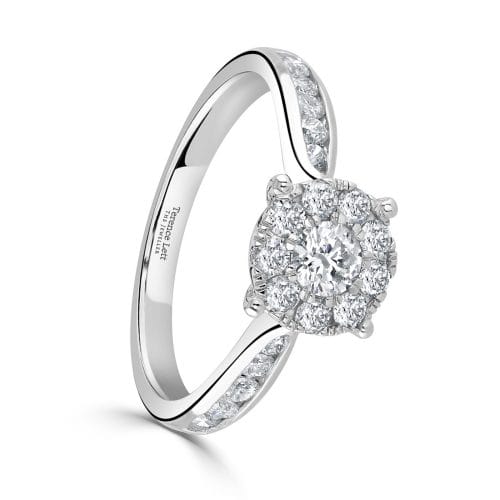 Platinum Round Brilliant Diamond Cluster Ring with Diamond Set Shoulders 0.73ct