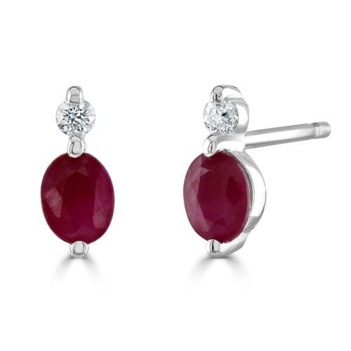 9ct White Gold Oval Cut Ruby & Round Brilliant Diamond Two Stone Stud Earrings
