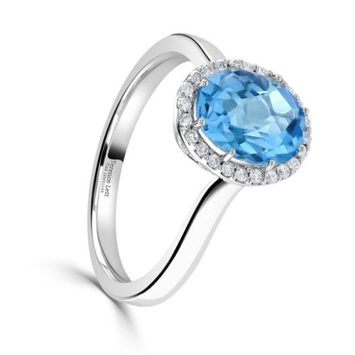 9ct Gold Oval Rose Cut Blue Topaz & Round Brilliant Diamond Cluster Ring