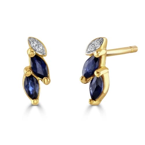 9ct Yellow Gold Marquise Cut Sapphire & Round Brilliant Diamond Stud Earrings