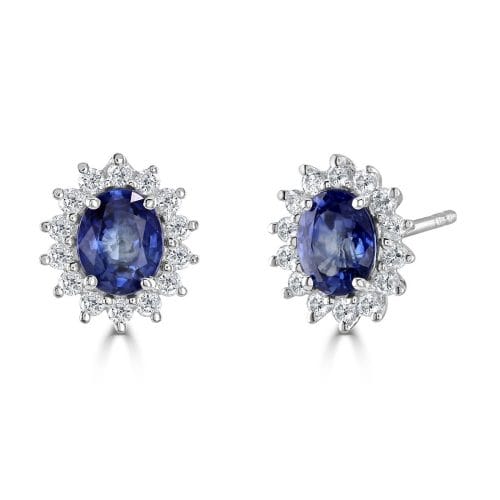 18ct White Gold Oval Cut Sapphire & Round Brilliant Diamond Cluster Stud Earrings