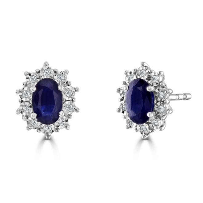 9ct White Gold Oval Cut Sapphire & Round Brilliant Diamond Cluster Stud Earrings