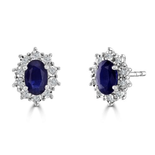 9ct White Gold Oval Cut Sapphire & Round Brilliant Diamond Cluster Stud Earrings