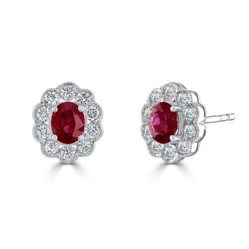 18ct White Gold Oval Cut Ruby & Round Brilliant Diamond Cluster Stud Earrings