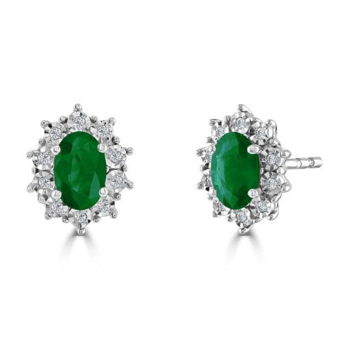 9ct White Gold Oval Cut Emerald & Round Brilliant Diamond Cluster Stud Earrings