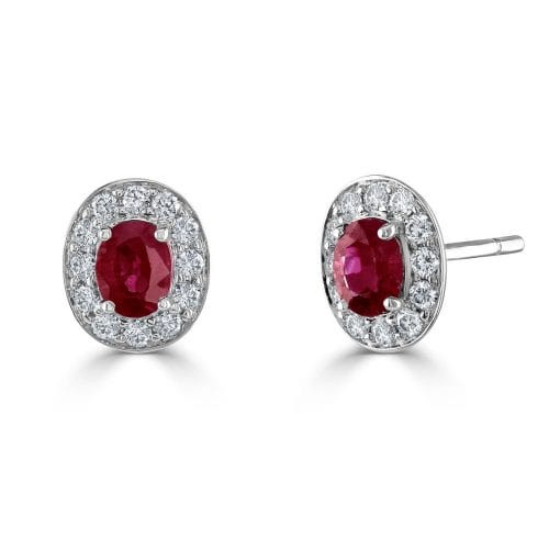 18ct White Gold Oval Cut Ruby & Round Brilliant Diamond Cluster Stud Earrings
