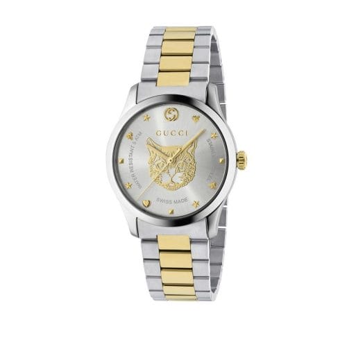 Gucci G-Timeless Stainless Steel & Gold PVD Coated Silver Feline Dial 38mm YA1264074