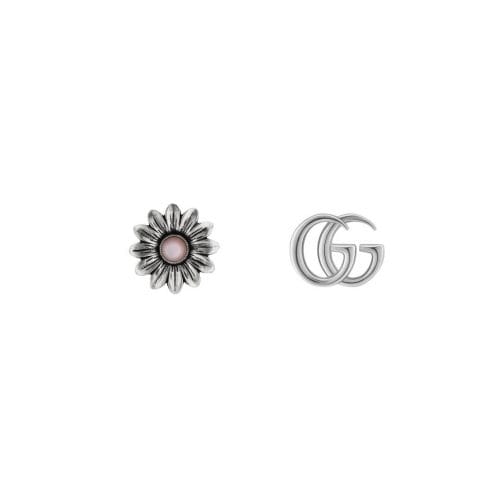 Gucci Sterling Silver GG Marmont Pink Mother of Pearl Flower Odd Stud Earrings YBD52734400200U
