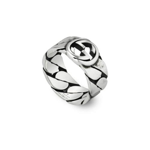Gucci Sterling Silver Interlocking G M Gourmette Detail 8mm Ring YBC661515001 Angle