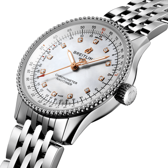 Breitling Navitimer Automatic Steel Diamond Dot Mother of Pearl Dial 35mm A17395211A1A1 Angle