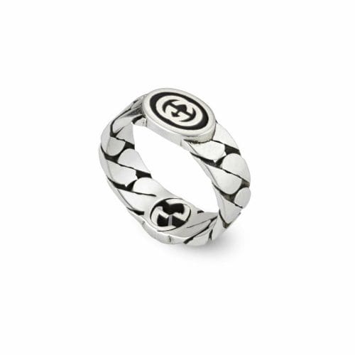 Gucci Sterling Silver Interlocking G Double Sided Gourmette Detail 6mm Ring YBC678656001 Angle