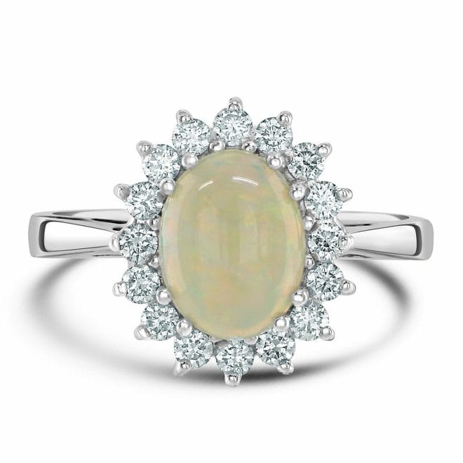 18ct White Gold Cabochon Cut Opal & Round Brilliant Diamond Cluster Ring DR2751 Front