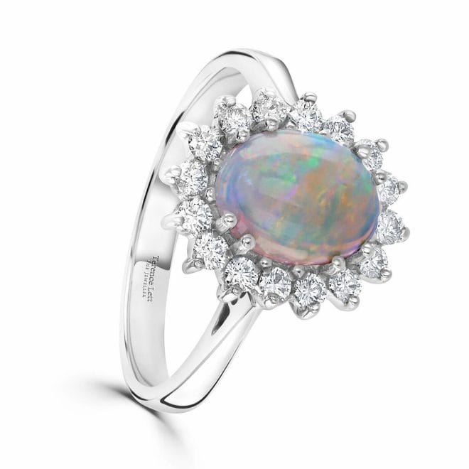18ct White Gold Cabochon Cut Opal & Round Brilliant Diamond Cluster Ring DR2751