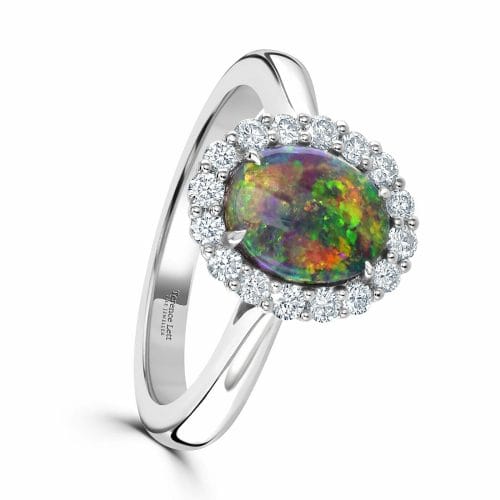 18ct White Gold Cabochon Cut Opal & Round Brilliant Diamond Cluster Ring DR2817