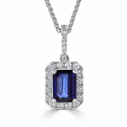 18ct White Gold Emerald Cut Sapphire & Round Brilliant Diamond Cluster Pendant DP1395