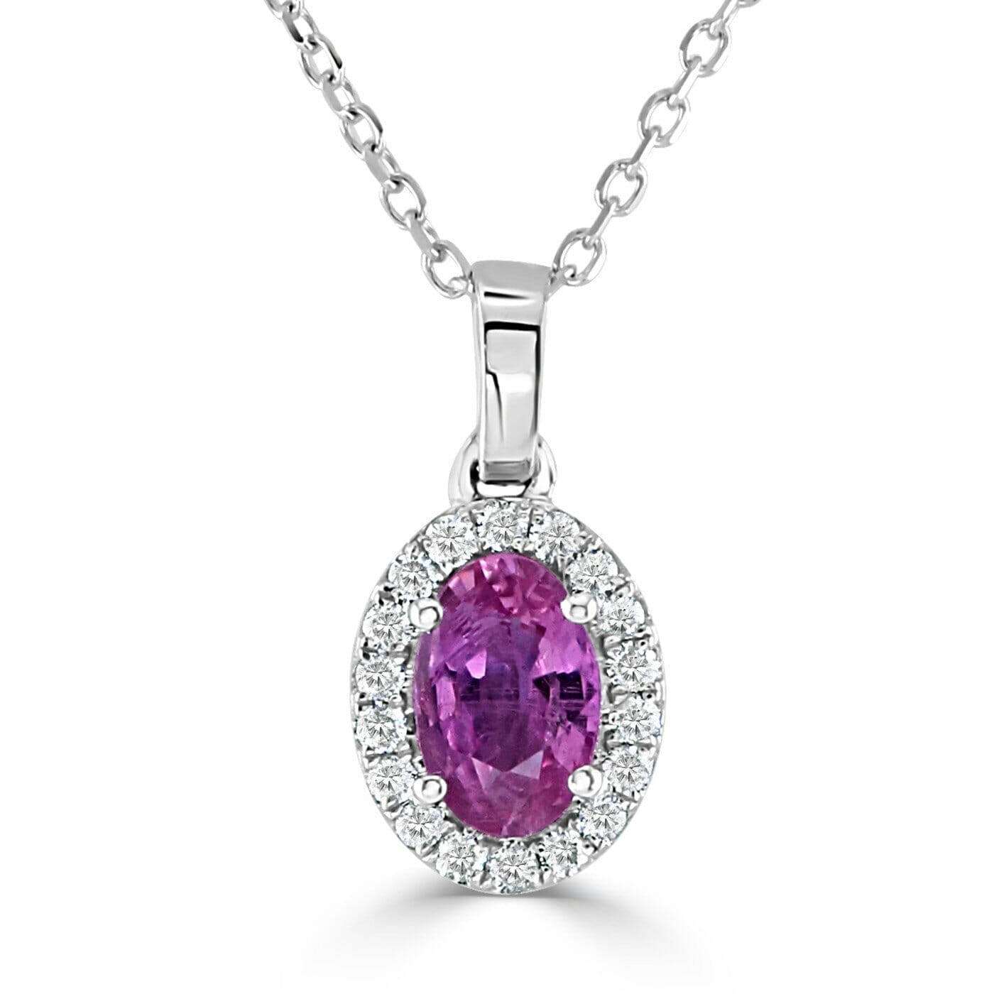 18ct White Gold Oval Pink Sapphire and Diamonds Pendant