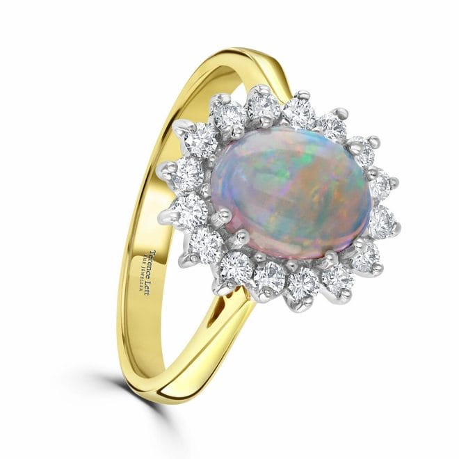18ct Yellow Gold Cabochon Cut Opal & Round Brilliant Diamond Cluster Ring DR2751
