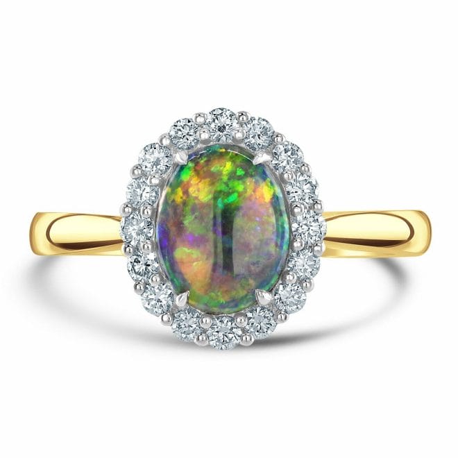 18ct Yellow Gold Cabochon Cut Opal & Round Brilliant Diamond Cluster Ring DR2817 Front