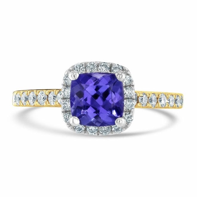 18ct Yellow Gold Cushion Cut Tanzanite & Round Brilliant Diamond Cluster Ring DR2826 Front