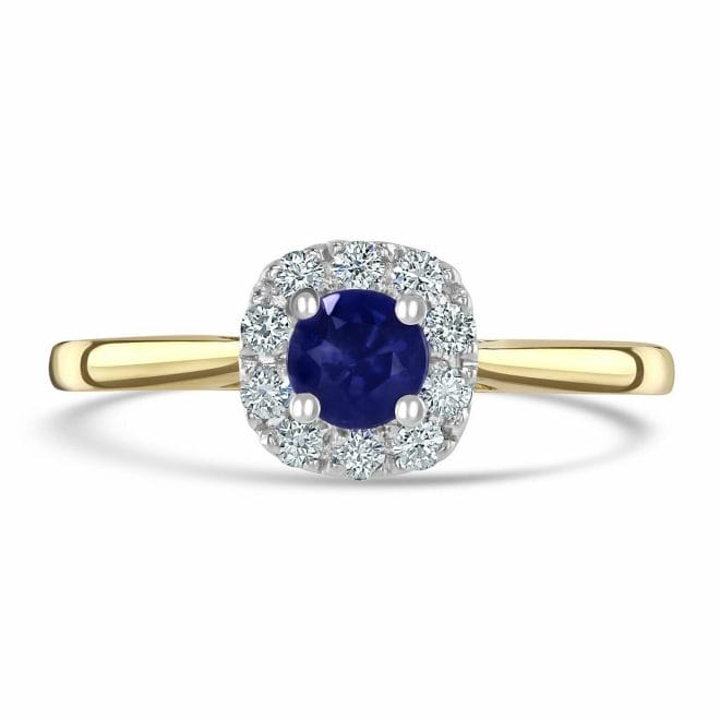 18ct Yellow Gold Round Brilliant Cut Sapphire & Diamond Halo Cluster Ring DR3170 Front