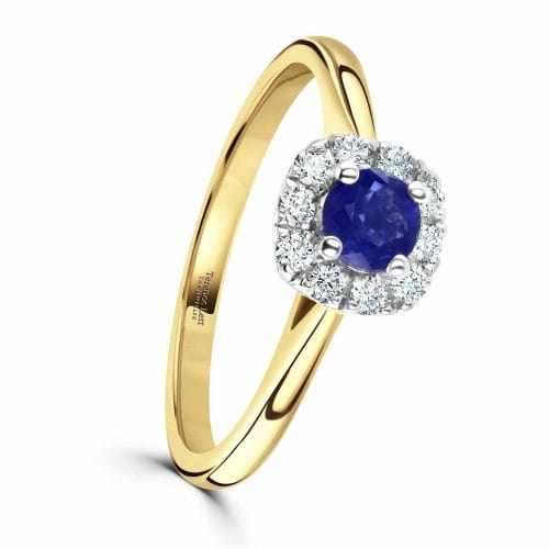 18ct Yellow Gold Round Brilliant Cut Sapphire & Diamond Halo Cluster Ring DR3170