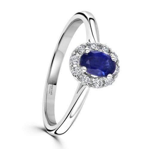 Platinum Oval Cut Sapphire & Round Brilliant Diamond Halo Cluster Ring DR3102