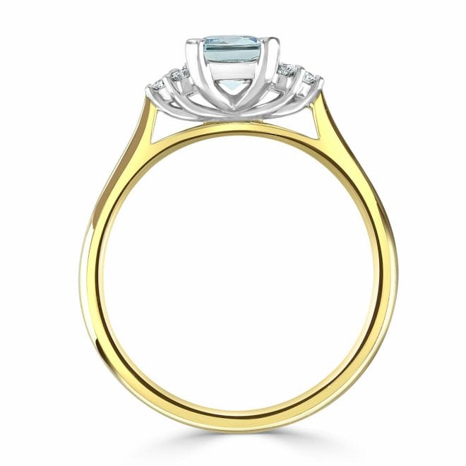 18ct Yellow Gold Emerald Cut Aquamarine & Round Brilliant Diamond Trefoil Ring DR3174 Side