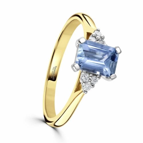 18ct Yellow Gold Emerald Cut Aquamarine & Round Brilliant Diamond Trefoil Ring DR3174