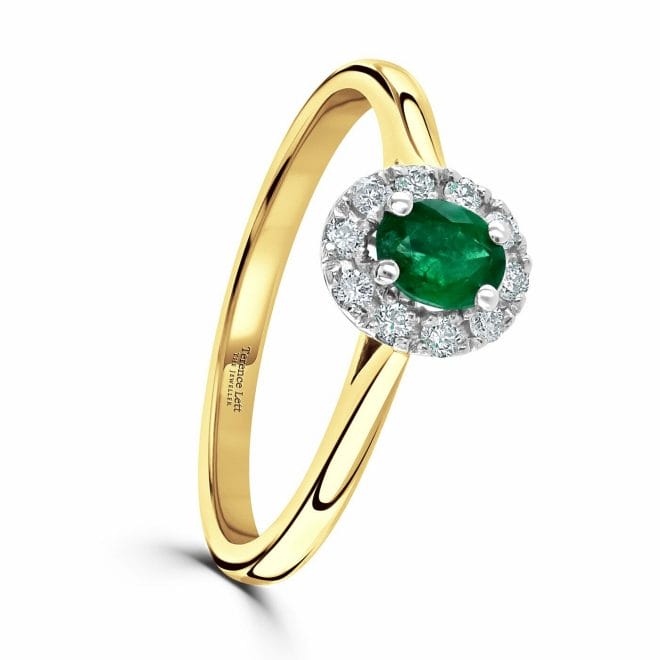 18ct Yellow Gold Oval Cut Emerald & Round Brilliant Diamond Cluster Ring DR3103