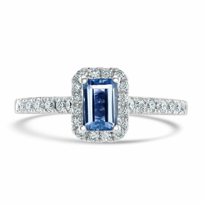 Platinum Emerald Cut Aquamarine & Round Brilliant Diamond Cluster Ring with Diamond Set Shoulders DR2837 Front