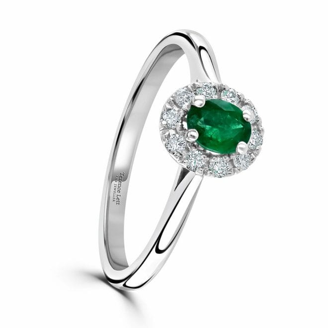 Platinum Oval Cut Emerald & Round Brilliant Diamond Cluster Ring DR3103