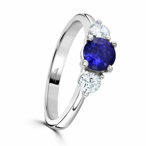 Platinum Round Brilliant Ceylon Sapphire & Diamond Three Stone Ring DR3175