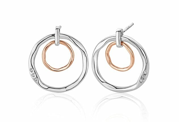 Clogau Ripples Sterling Silver & 9ct Rose Gold White Topaz Double Circle Drop Earrings 3SRPP0208
