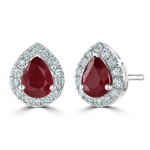 18ct White Gold Pear Cut Ruby & Round Brilliant Diamond Cluster Stud Earrings DE2497