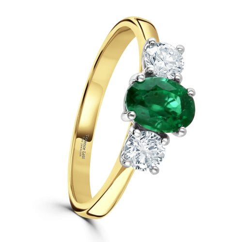 18ct Yellow Gold Oval Cut Emerald & Round Brilliant Cut Diamond Three Stone Ring DR3179