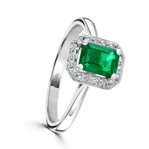 Platinum Emerald Cut Emerald & Round Brilliant Diamond Cluster Ring DR3177