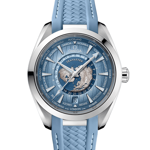 OMEGA Seamaster Aqua Terra Co‑Axial Master Chronometer GMT Worldtimer 43mm Summer Blue Dial 220.12.43.22.03.002 - Front